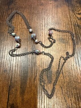 Long Cloisonné Bead Necklace in Purple and Green with Antiqued Chain